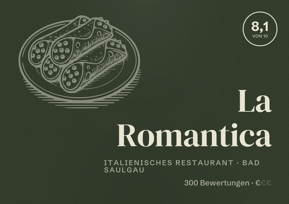Illustriertes Poster von La Romantica, Italienisches Restaurant in Bad Saulgau: Bewertung 8,1 von 10 aus 300 Bewertungen, Preisniveau €
