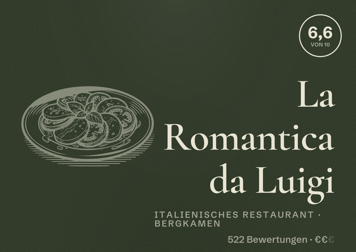Illustriertes Poster von La Romantica da Luigi, Italienisches Restaurant in Bergkamen: Bewertung 6,6 von 10 aus 522 Bewertungen, Preisniveau €€