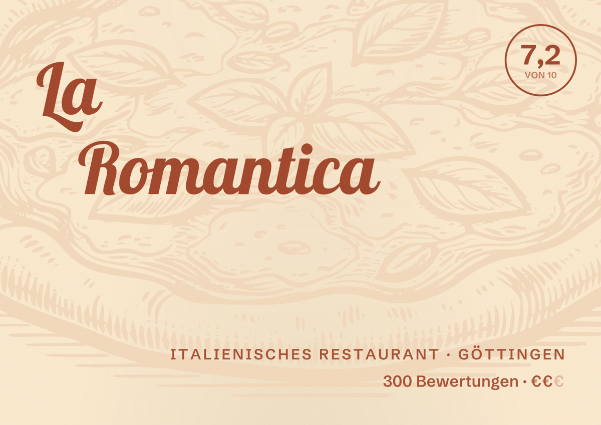 Illustriertes Poster von La Romantica, Italienisches Restaurant in Göttingen: Bewertung 7,2 von 10 aus 300 Bewertungen, Preisniveau €€