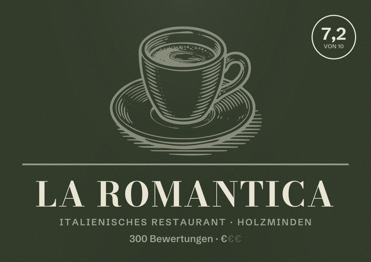 Illustriertes Poster von La Romantica, Italienisches Restaurant in Holzminden: Bewertung 7,2 von 10 aus 300 Bewertungen, Preisniveau €