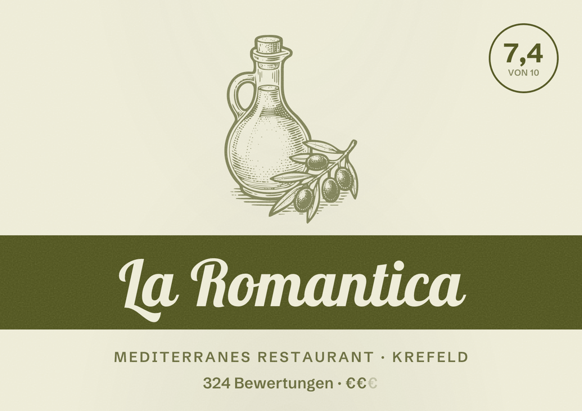 Illustriertes Poster von La Romantica, Mediterranes Restaurant in Krefeld: Bewertung 7,4 von 10 aus 324 Bewertungen, Preisniveau €€