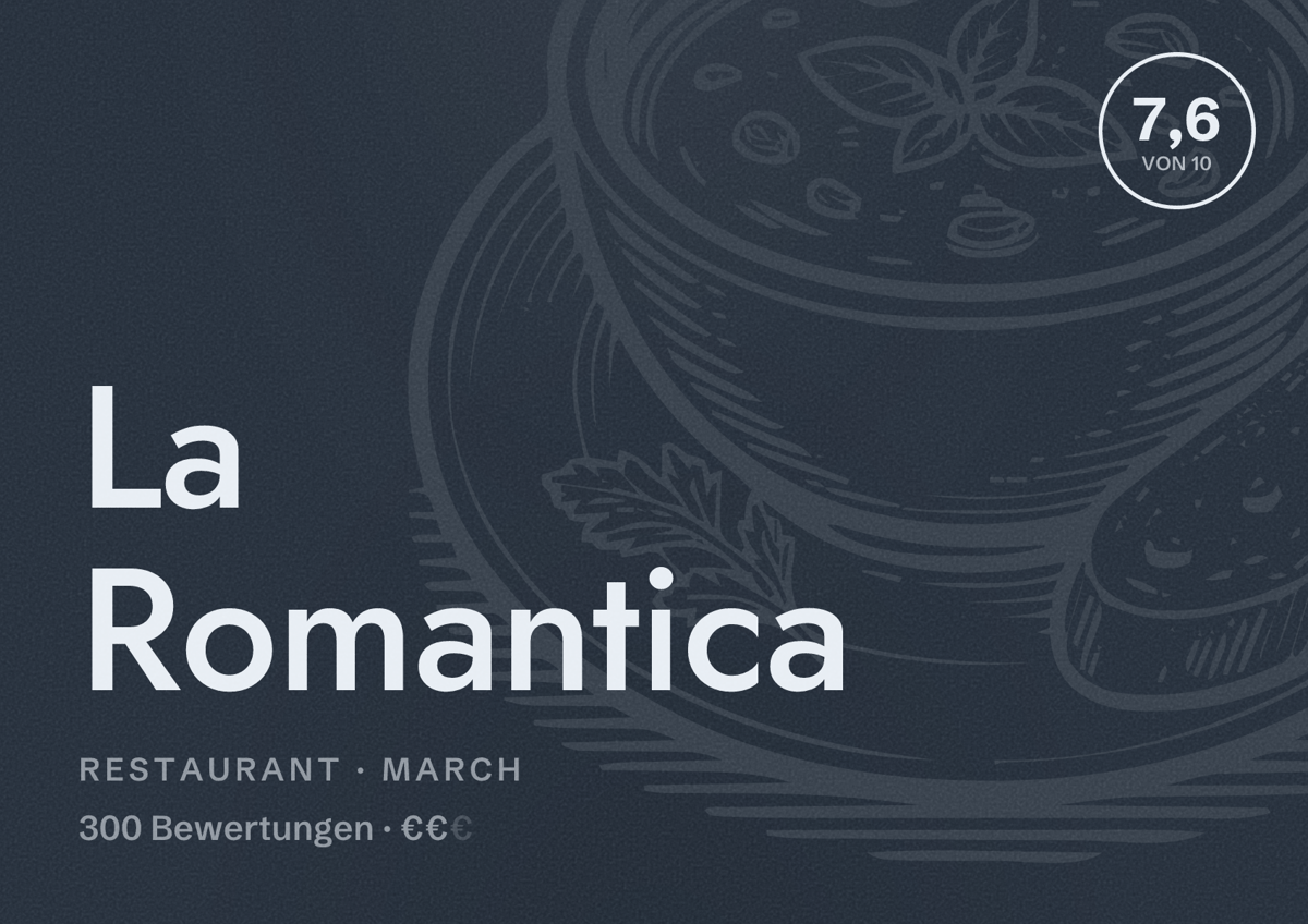 Illustriertes Poster von La Romantica, Restaurant in March: Bewertung 7,6 von 10 aus 300 Bewertungen, Preisniveau €€