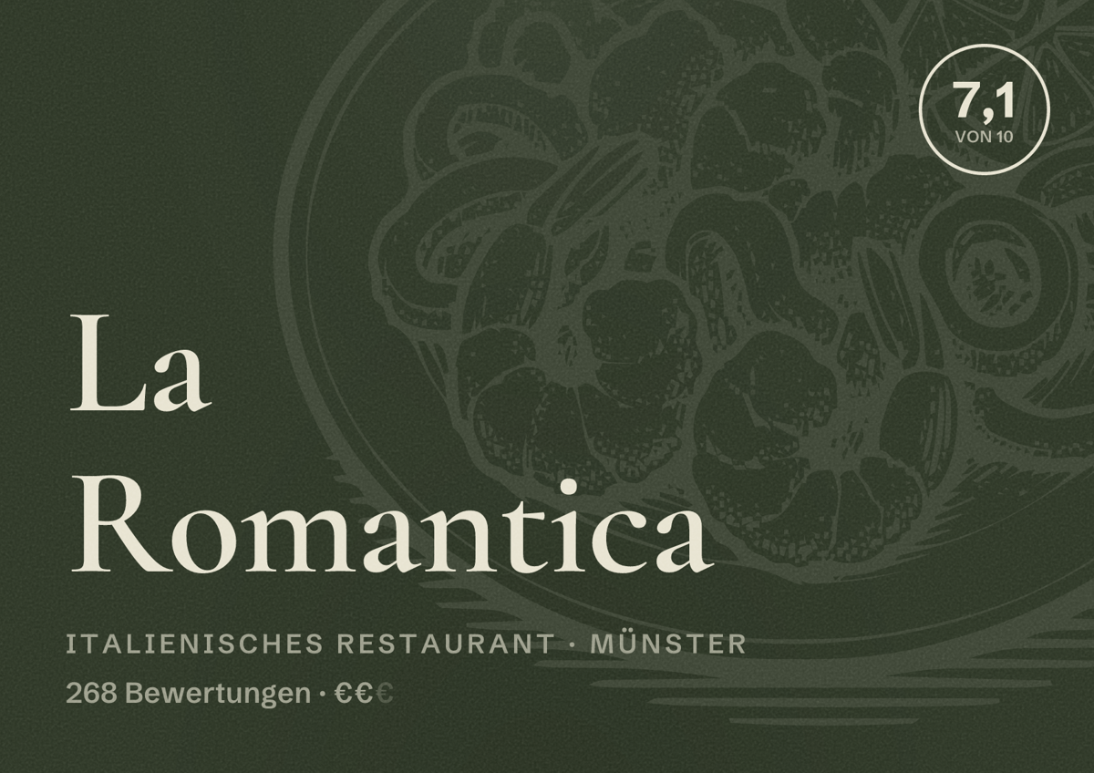 Illustriertes Poster von La Romantica, Italienisches Restaurant in Münster: Bewertung 7,1 von 10 aus 268 Bewertungen, Preisniveau €€