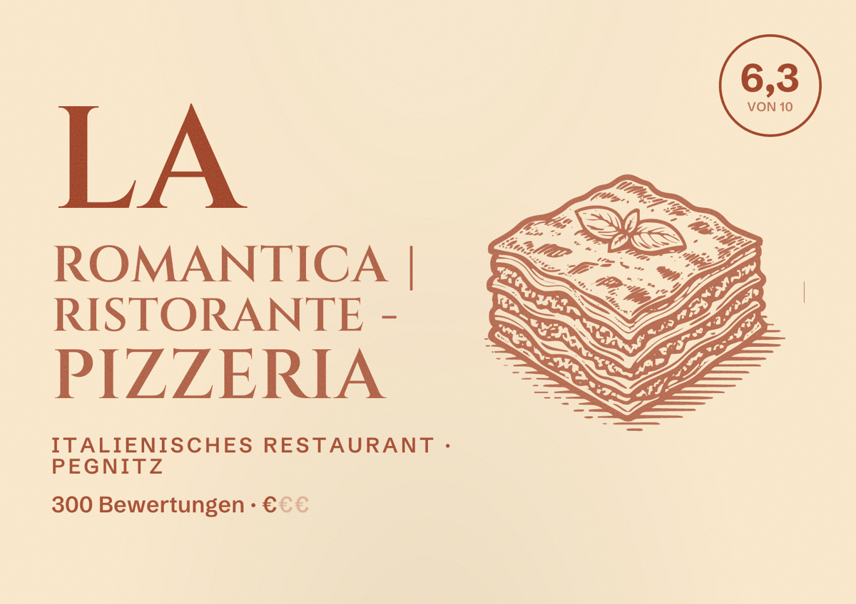 Illustriertes Poster von La Romantica | Ristorante - Pizzeria, Italienisches Restaurant in Pegnitz: Bewertung 6,3 von 10 aus 300 Bewertungen, Preisniveau €