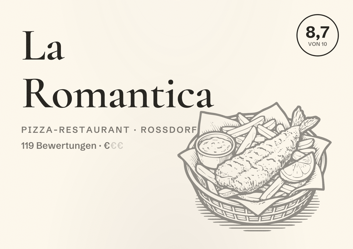Illustriertes Poster von La Romantica, Pizza-Restaurant in Roßdorf: Bewertung 8,7 von 10 aus 119 Bewertungen, Preisniveau €
