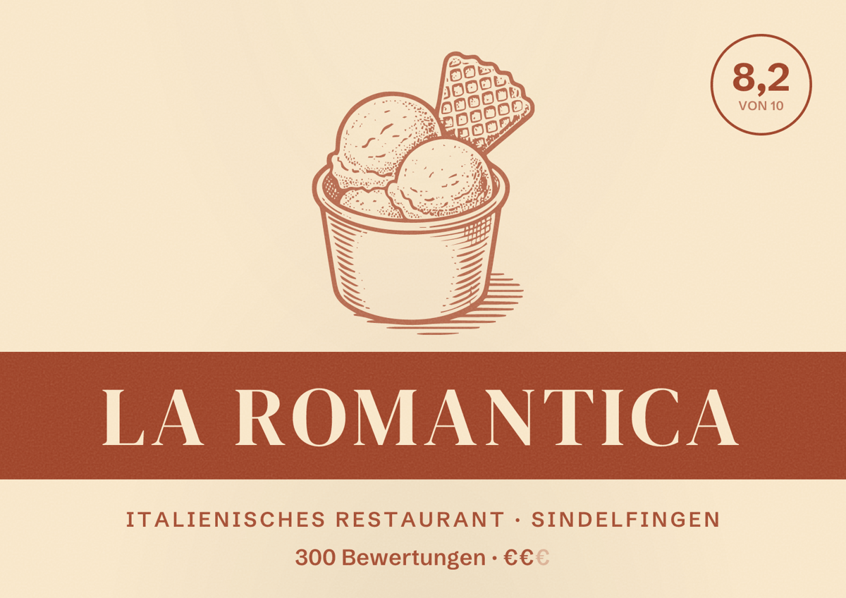 Illustriertes Poster von La Romantica, Italienisches Restaurant in Sindelfingen: Bewertung 8,2 von 10 aus 300 Bewertungen, Preisniveau €€