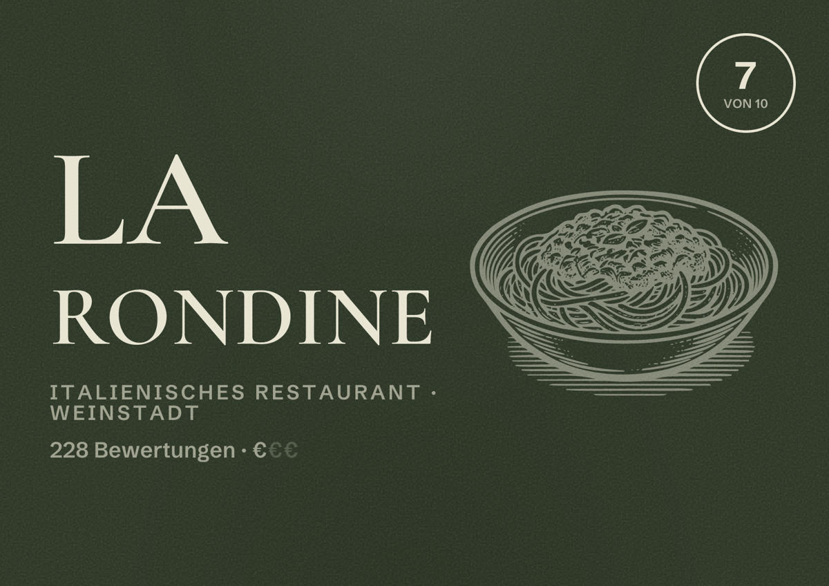 Illustriertes Poster von La Rondine, Italienisches Restaurant in Weinstadt: Bewertung 7 von 10 aus 228 Bewertungen, Preisniveau €