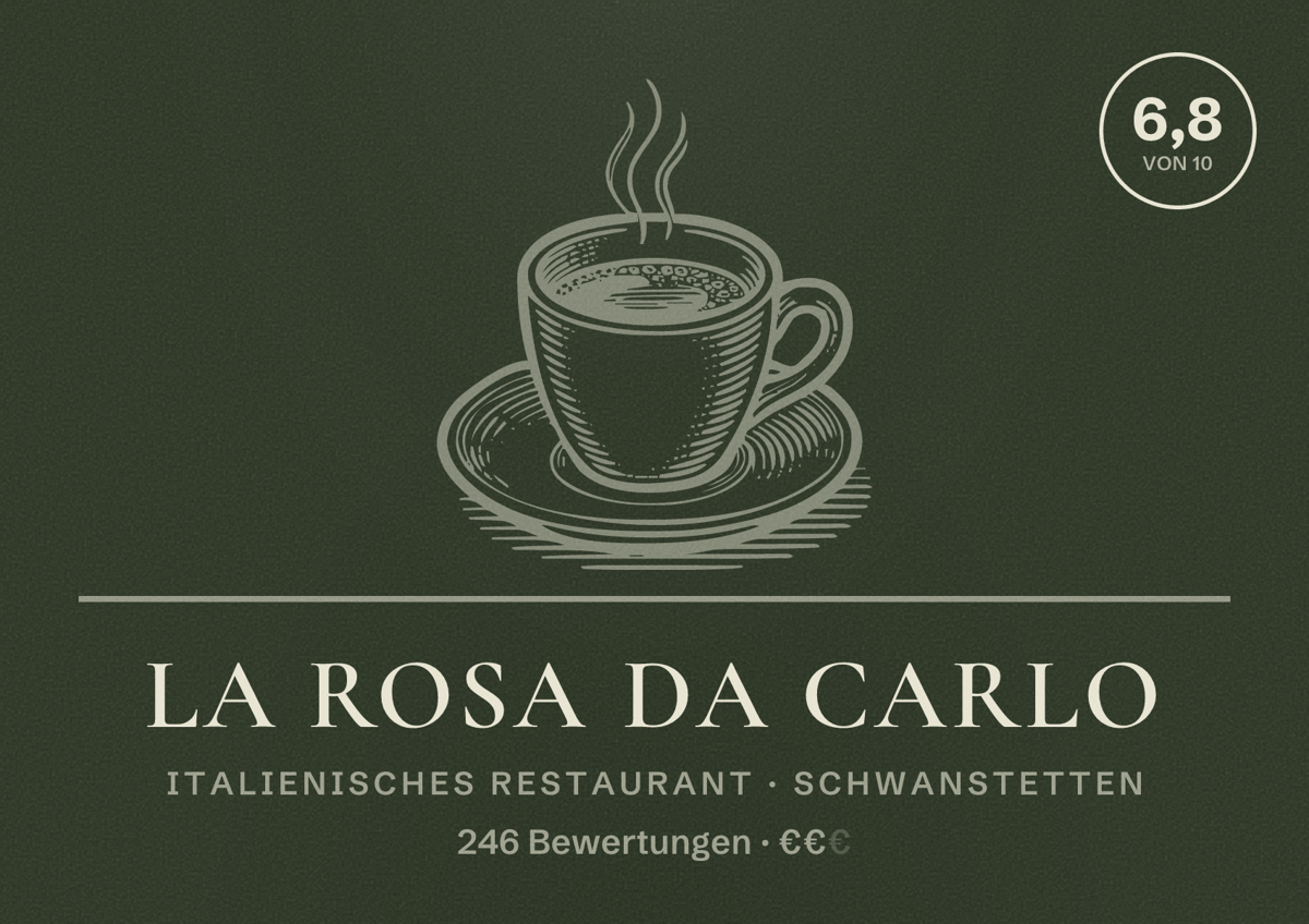 Illustriertes Poster von La Rosa da Carlo, Italienisches Restaurant in Schwanstetten: Bewertung 6,8 von 10 aus 246 Bewertungen, Preisniveau €€
