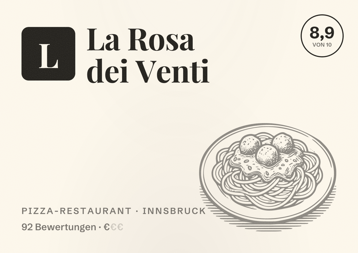 Illustriertes Poster von La Rosa dei Venti, Pizza-Restaurant in Innsbruck: Bewertung 8,9 von 10 aus 92 Bewertungen, Preisniveau €