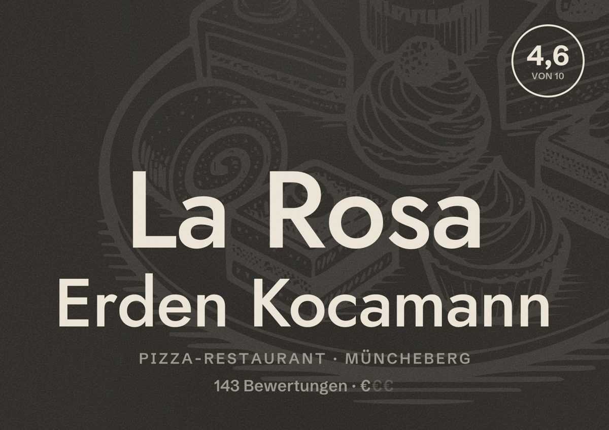 Illustriertes Poster von La Rosa Erden Kocamann, Pizza-Restaurant in Müncheberg: Bewertung 4,6 von 10 aus 143 Bewertungen, Preisniveau €