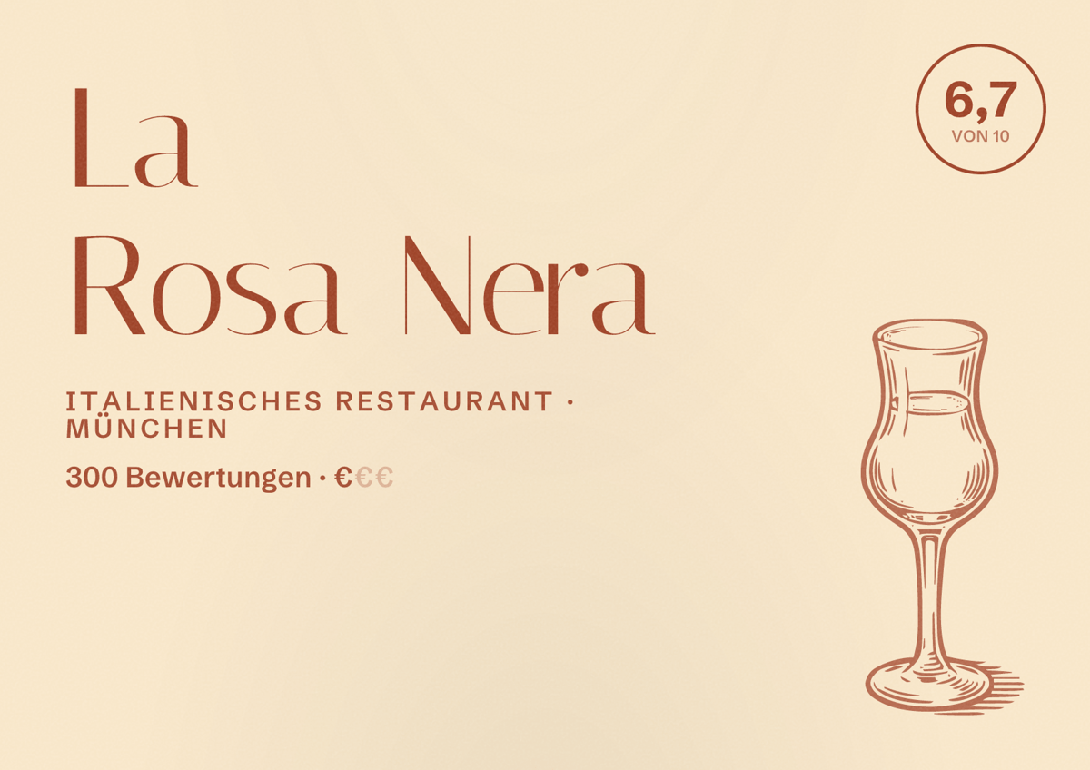 Illustriertes Poster von La Rosa Nera, Italienisches Restaurant in München: Bewertung 6,7 von 10 aus 300 Bewertungen, Preisniveau €
