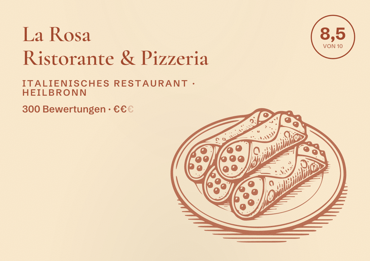 Illustriertes Poster von La Rosa Ristorante & Pizzeria, Italienisches Restaurant in Heilbronn: Bewertung 8,5 von 10 aus 300 Bewertungen, Preisniveau €€