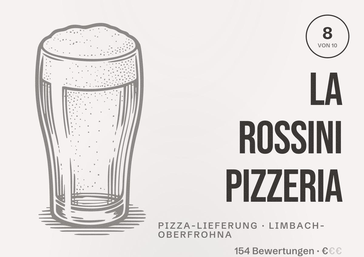 Illustriertes Poster von La Rossini Pizzeria, Pizza-Lieferung in Limbach-Oberfrohna: Bewertung 8 von 10 aus 154 Bewertungen, Preisniveau €