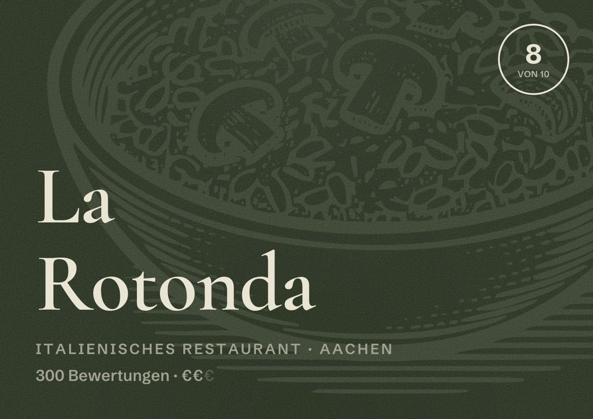 Illustriertes Poster von La Rotonda, Italienisches Restaurant in Aachen: Bewertung 8,0 von 10 aus 300 Bewertungen, Preisniveau €€
