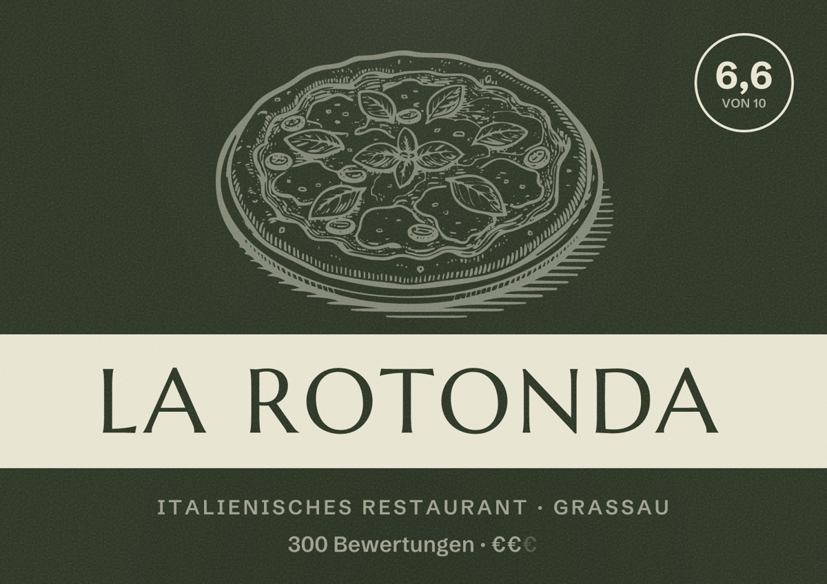 Illustriertes Poster von La Rotonda, Italienisches Restaurant in Grassau: Bewertung 6,6 von 10 aus 300 Bewertungen, Preisniveau €€