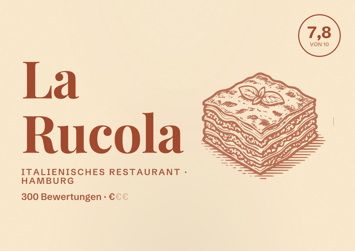 Illustriertes Poster von La Rucola, Italienisches Restaurant in Hamburg: Bewertung 7,8 von 10 aus 300 Bewertungen, Preisniveau €