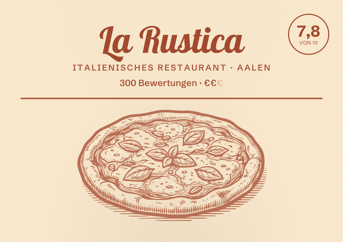 Illustriertes Poster von La Rustica, Italienisches Restaurant in Aalen: Bewertung 7,8 von 10 aus 300 Bewertungen, Preisniveau €€