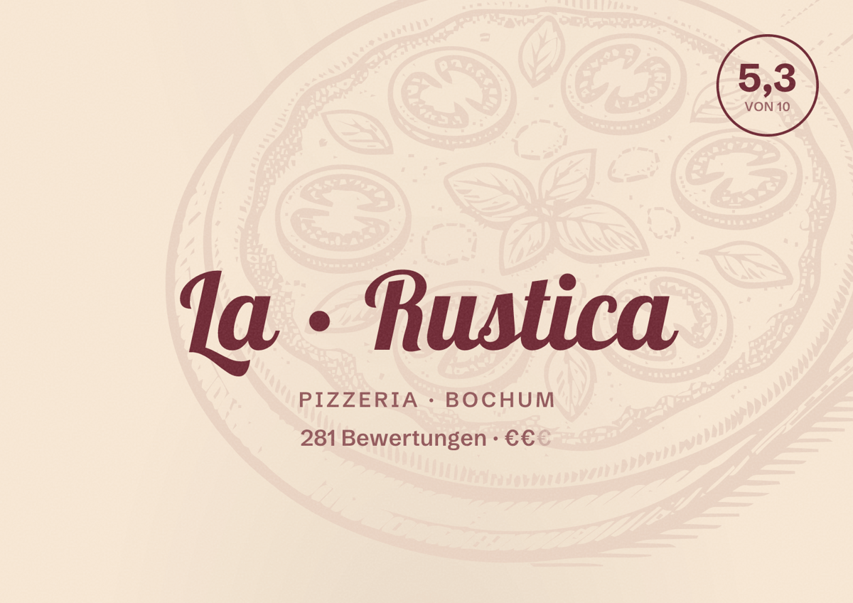 Illustriertes Poster von La Rustica, Pizzeria in Bochum: Bewertung 5,3 von 10 aus 281 Bewertungen, Preisniveau €€