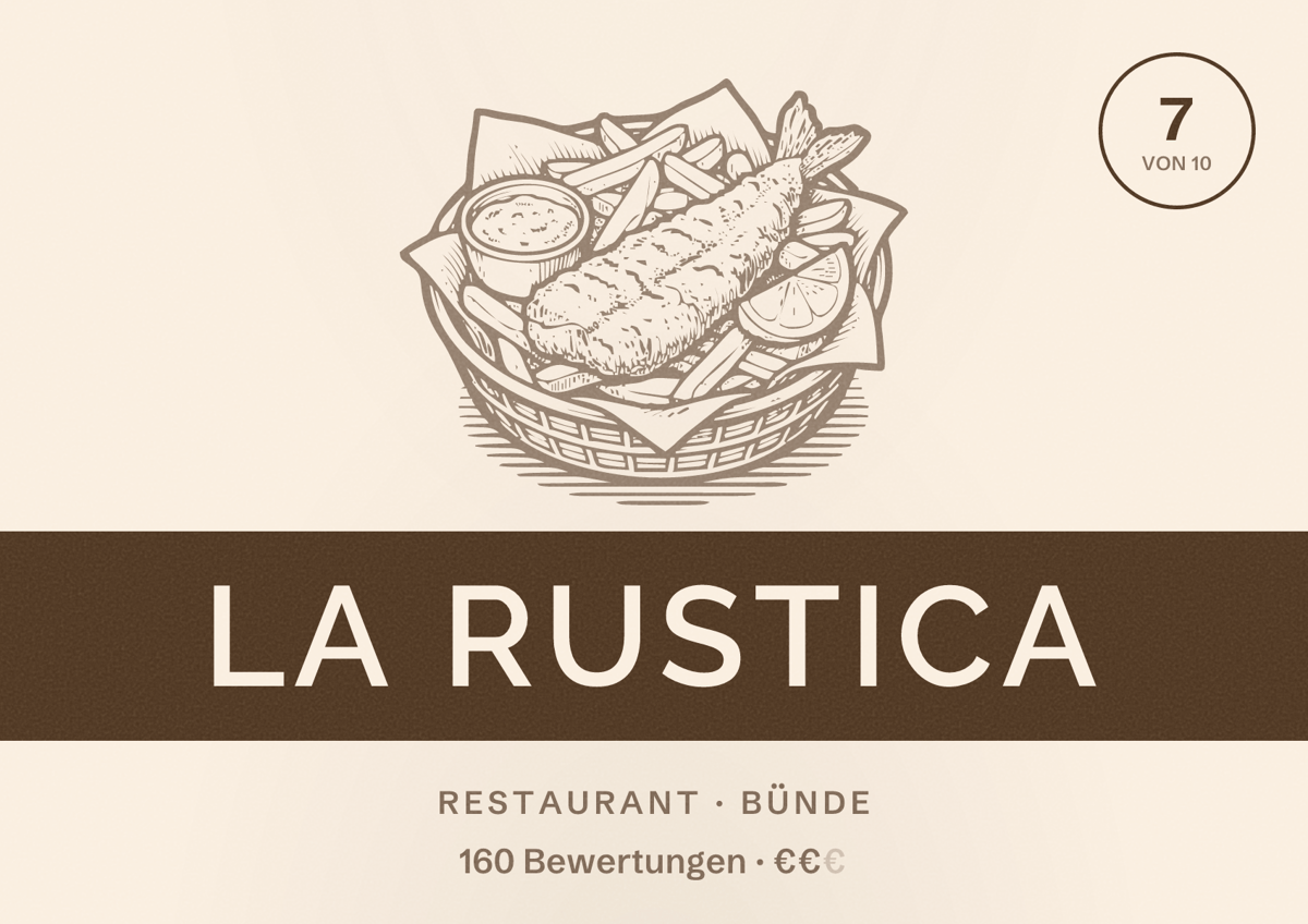 Illustriertes Poster von La Rustica, Restaurant in Bünde: Bewertung 7 von 10 aus 160 Bewertungen, Preisniveau €€