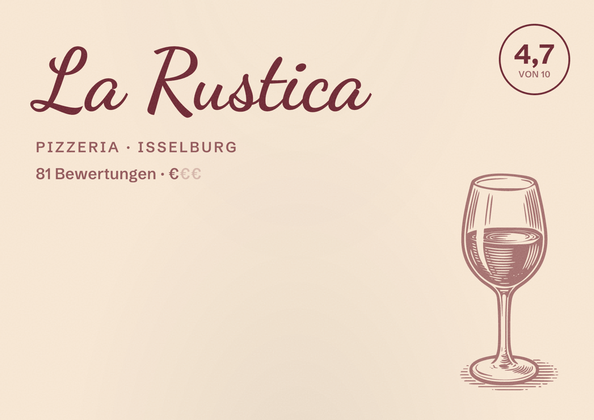 Illustriertes Poster von La Rustica, Pizzeria in Isselburg: Bewertung 4,7 von 10 aus 81 Bewertungen, Preisniveau €