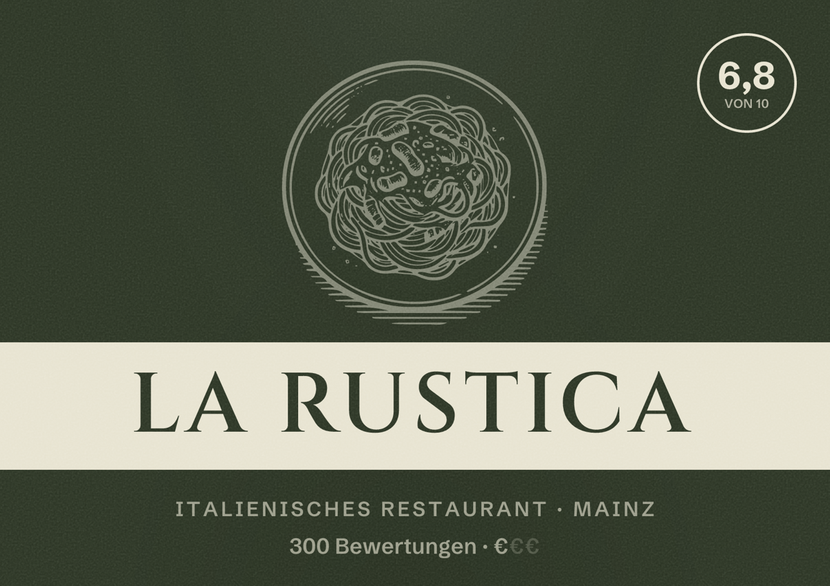 Illustriertes Poster von La Rustica, Italienisches Restaurant in Mainz: Bewertung 6,8 von 10 aus 300 Bewertungen, Preisniveau €