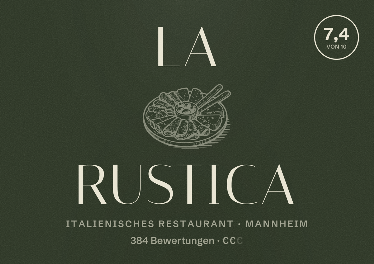 Illustriertes Poster von La Rustica, Italienisches Restaurant in Mannheim: Bewertung 7,4 von 10 aus 384 Bewertungen, Preisniveau €€