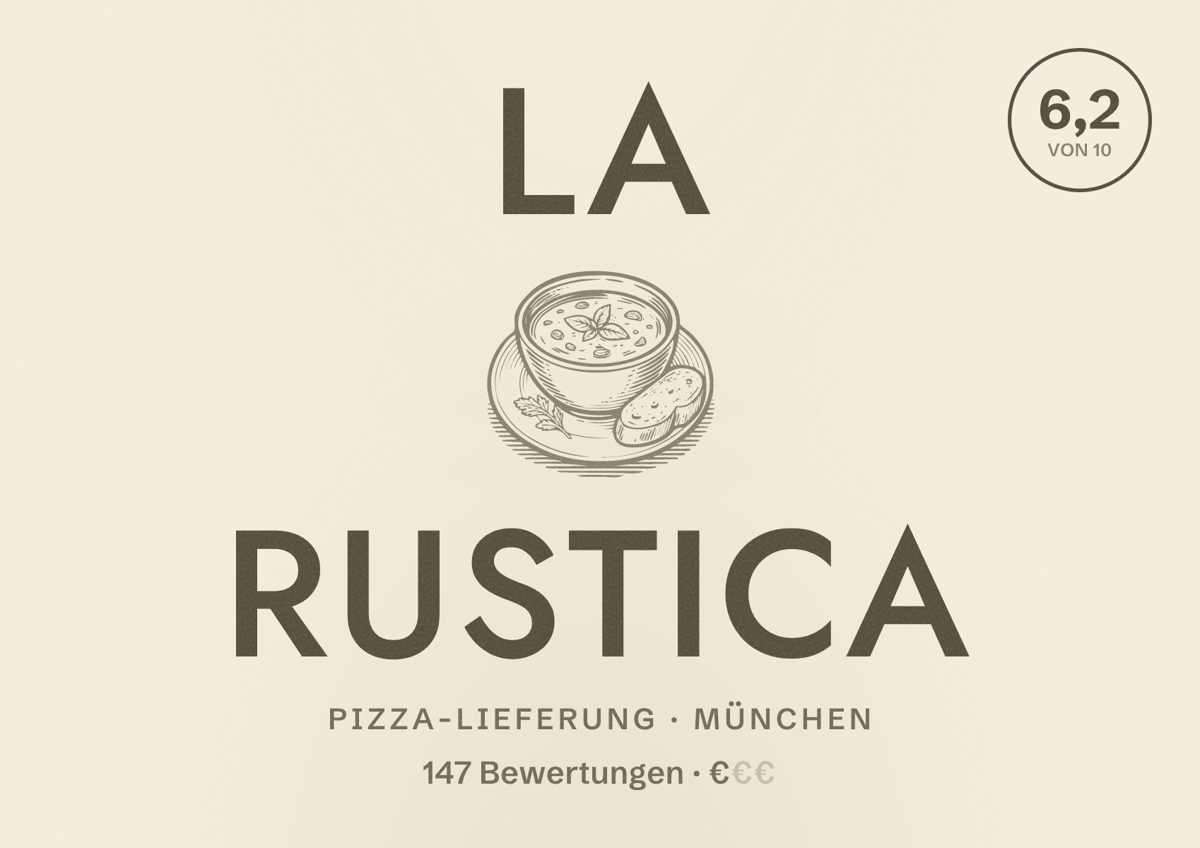 Illustriertes Poster von La Rustica, Pizza-Lieferung in München: Bewertung 6,2 von 10 aus 147 Bewertungen, Preisniveau €