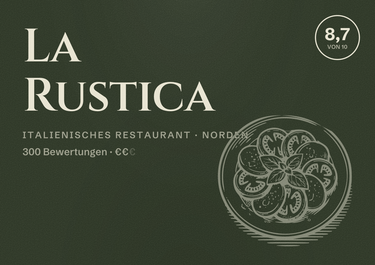 Illustriertes Poster von La Rustica, Italienisches Restaurant in Norden: Bewertung 8,7 von 10 aus 300 Bewertungen, Preisniveau €€