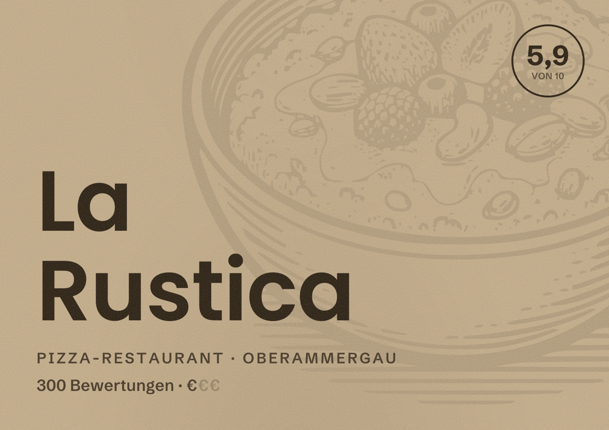 Illustriertes Poster von La Rustica, Pizza-Restaurant in Oberammergau: Bewertung 5,9 von 10 aus 300 Bewertungen, Preisniveau €