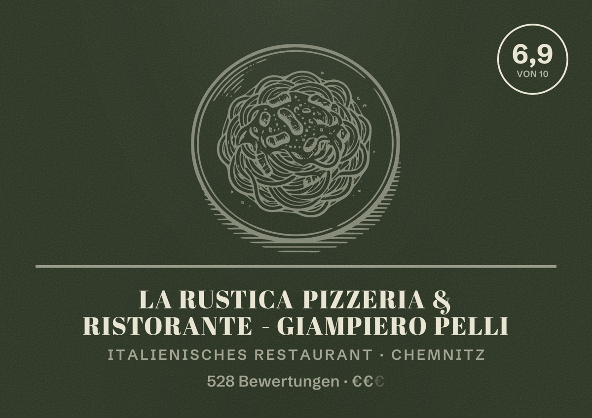Illustriertes Poster von La Rustica Pizzeria & Ristorante - Giampiero Pelli, Italienisches Restaurant in Chemnitz: Bewertung 6,9 von 10 aus 528 Bewertungen, Preisniveau €€