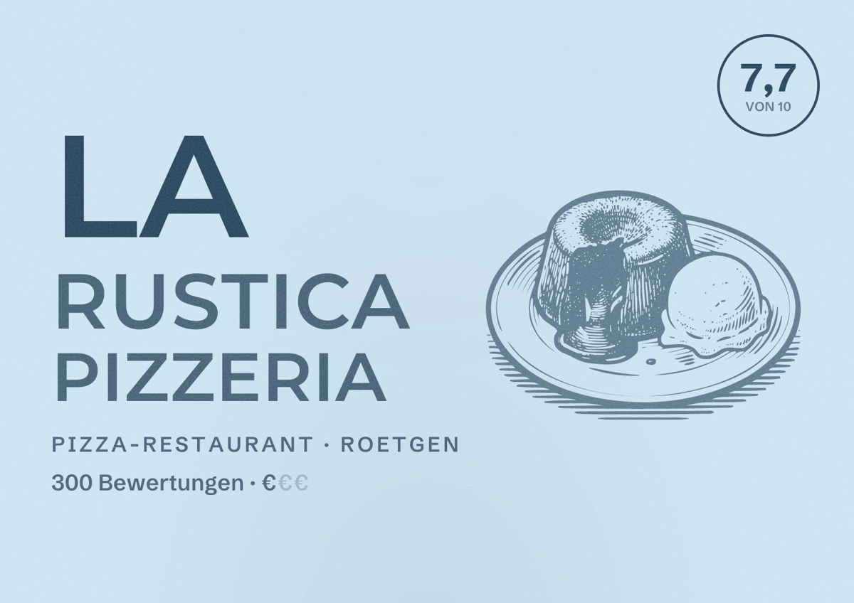 Illustriertes Poster von La Rustica Pizzeria, Pizza-Restaurant in Roetgen: Bewertung 7,7 von 10 aus 300 Bewertungen, Preisniveau €