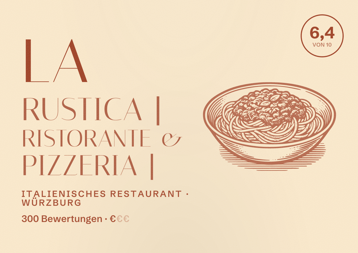 Illustriertes Poster von La Rustica | Ristorante & Pizzeria |, Italienisches Restaurant in Würzburg: Bewertung 6,4 von 10 aus 300 Bewertungen, Preisniveau €