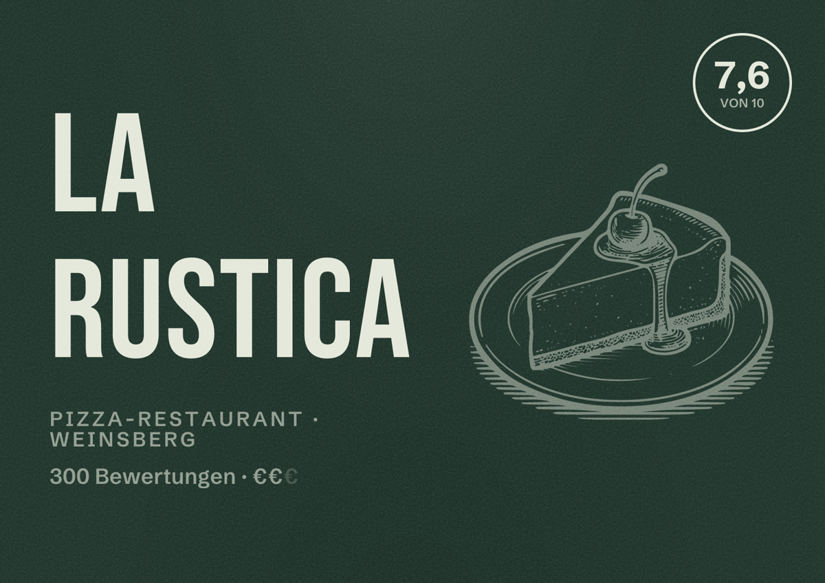 Illustriertes Poster von La Rustica, Pizza-Restaurant in Weinsberg: Bewertung 7,6 von 10 aus 300 Bewertungen, Preisniveau €€