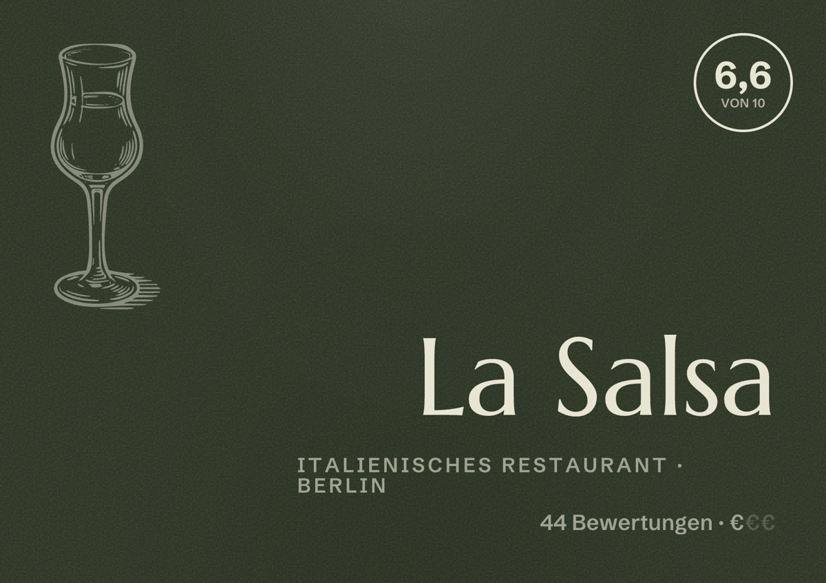 Illustriertes Poster von La Salsa, Italienisches Restaurant in Berlin: Bewertung 6,6 von 10 aus 44 Bewertungen, Preisniveau €