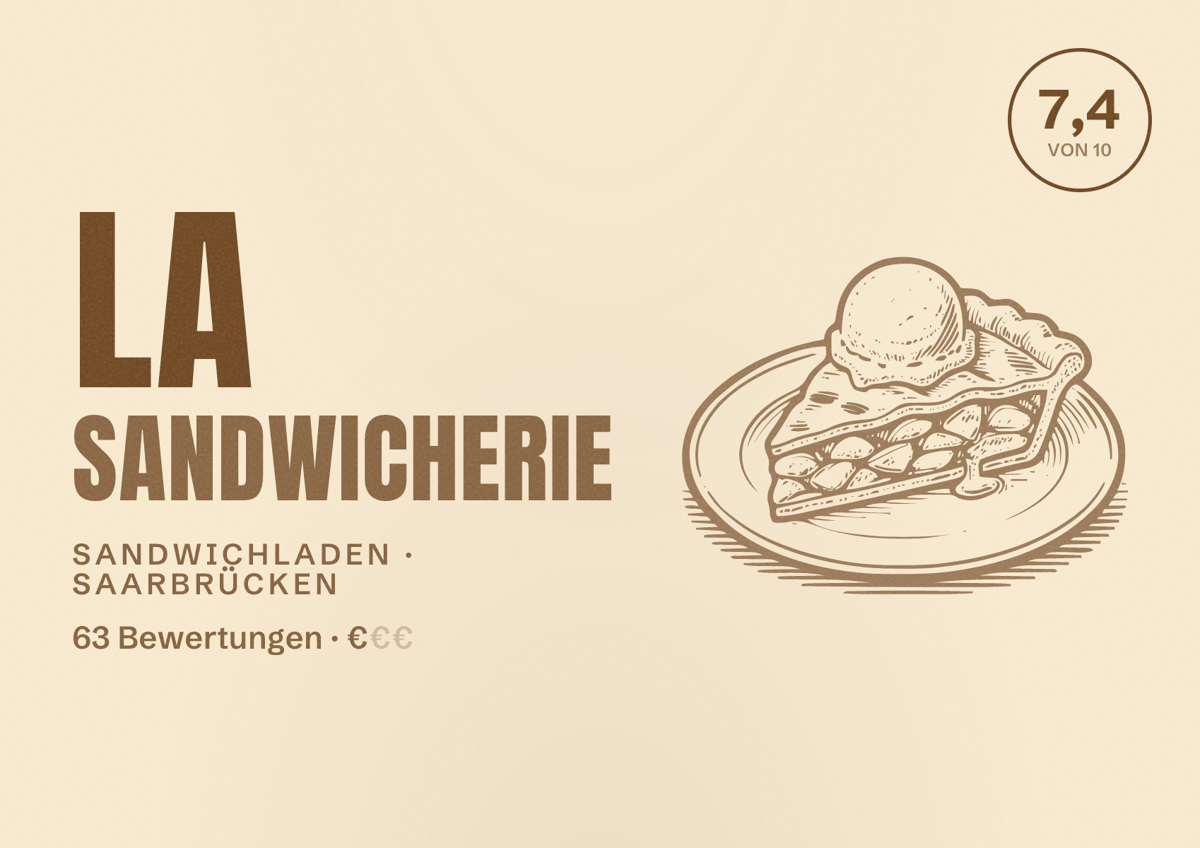 Illustriertes Poster von La Sandwicherie, Sandwichladen in Saarbrücken: Bewertung 7,4 von 10 aus 63 Bewertungen, Preisniveau €