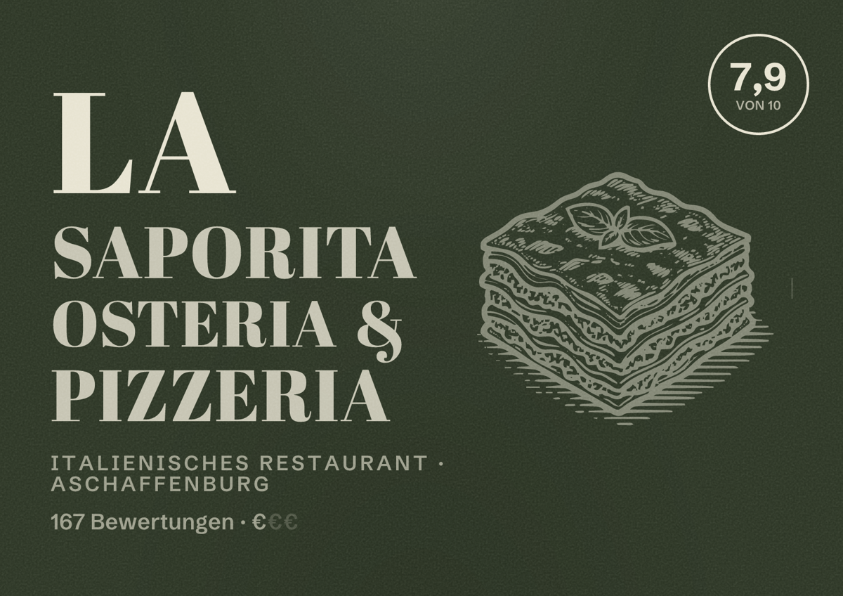 Illustriertes Poster von La Saporita Osteria & Pizzeria, Italienisches Restaurant in Aschaffenburg: Bewertung 7,9 von 10 aus 167 Bewertungen, Preisniveau €