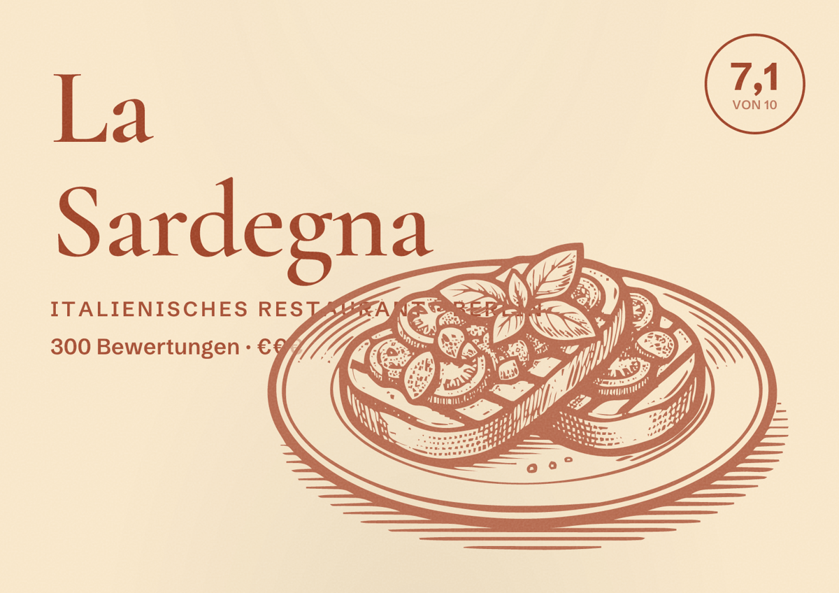 Illustriertes Poster von La Sardegna, Italienisches Restaurant in Berlin: Bewertung 7,1 von 10 aus 300 Bewertungen, Preisniveau €€