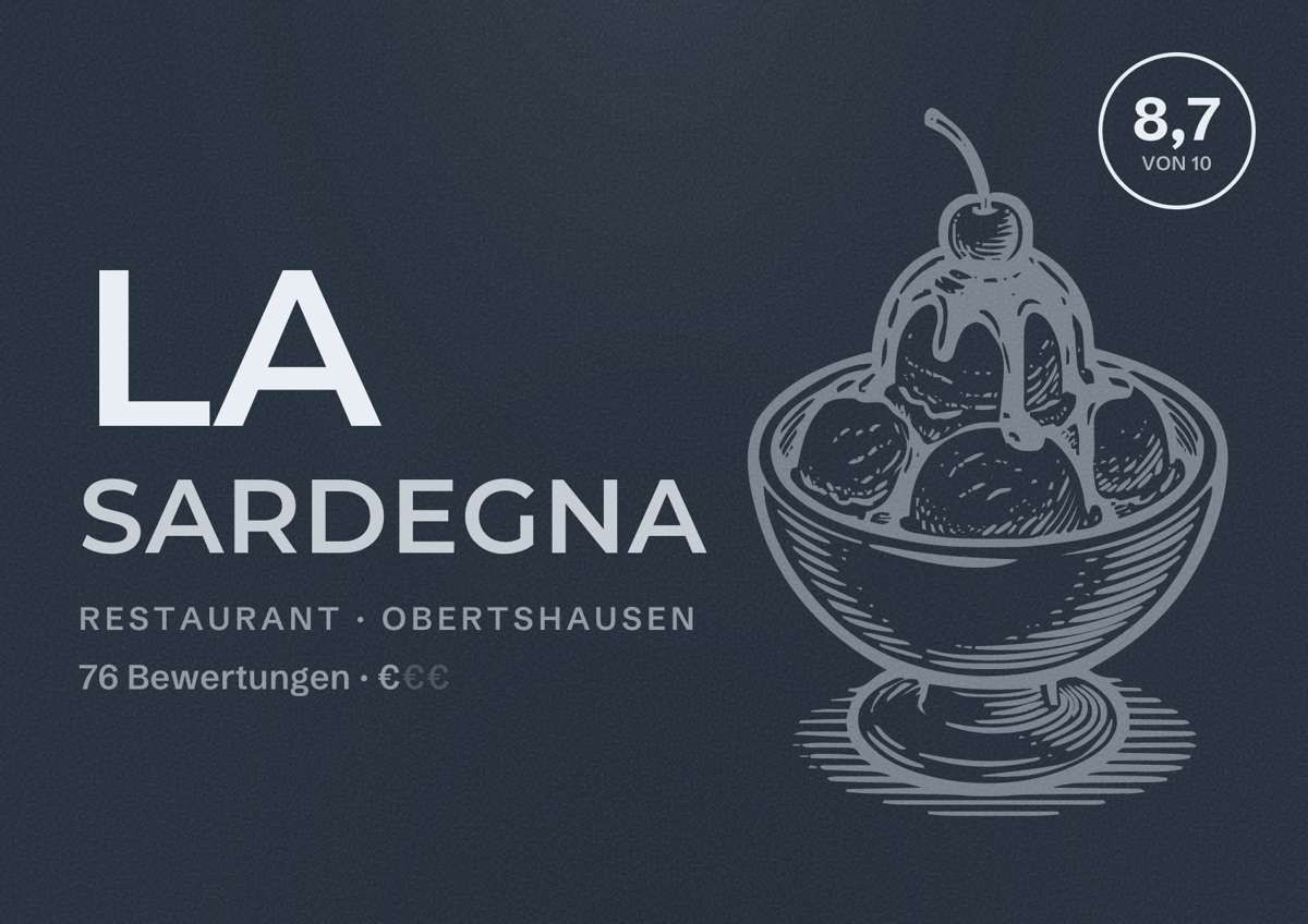Illustriertes Poster von La Sardegna, Restaurant in Obertshausen: Bewertung 8,7 von 10 aus 76 Bewertungen, Preisniveau €