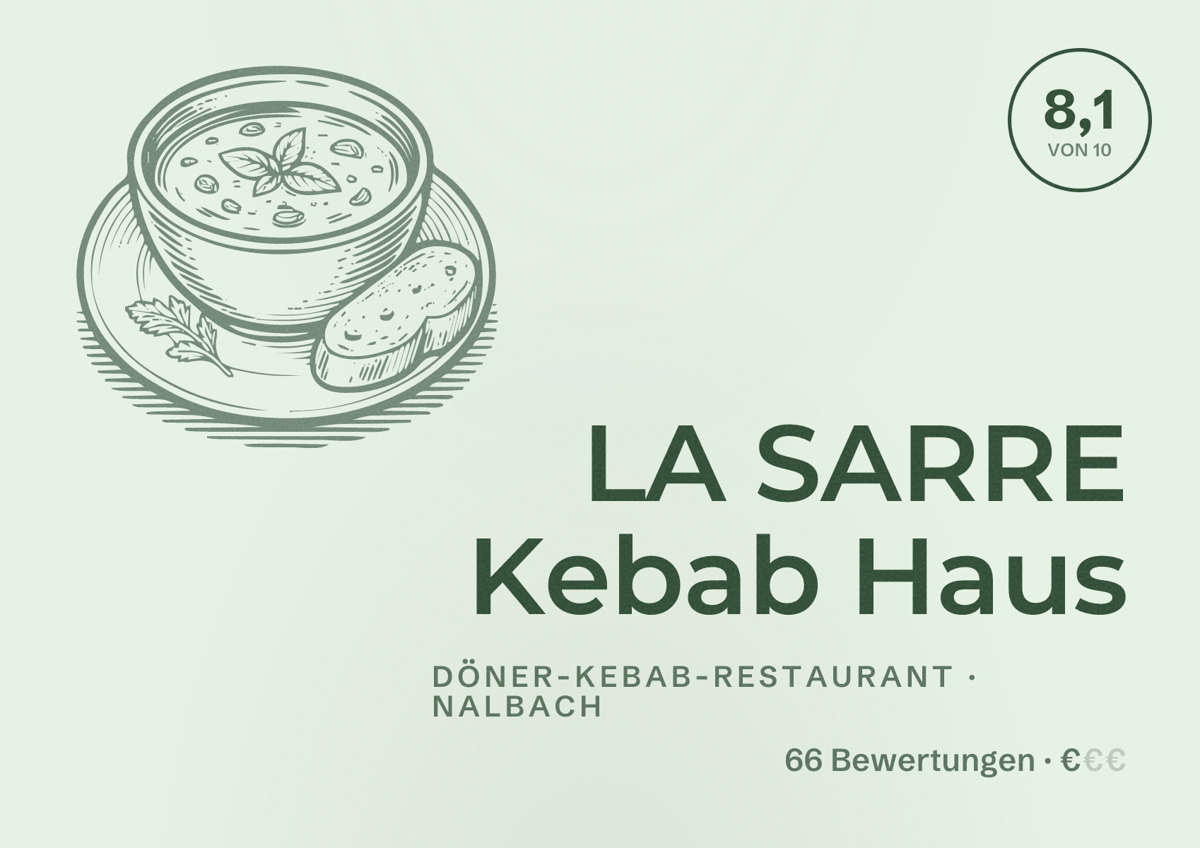 Illustriertes Poster von LA SARRE Kebab Haus, Döner-Kebab-Restaurant in Nalbach: Bewertung 8,1 von 10 aus 66 Bewertungen, Preisniveau €
