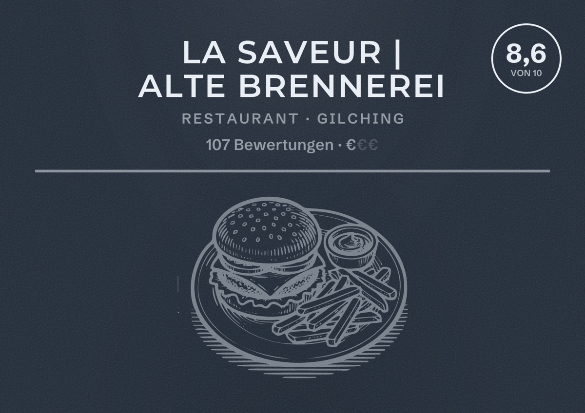 Illustriertes Poster von La Saveur | Alte Brennerei, Restaurant in Gilching: Bewertung 8,6 von 10 aus 107 Bewertungen, Preisniveau €