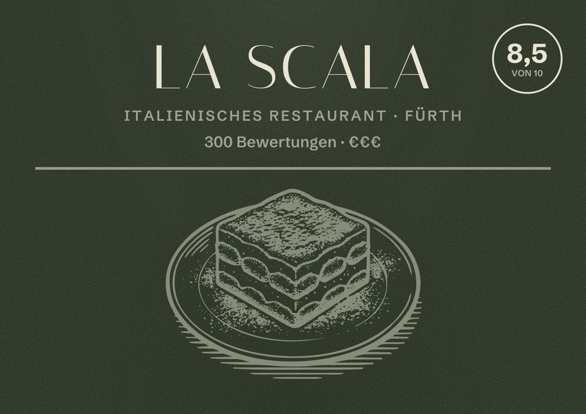 Illustriertes Poster von La Scala, Italienisches Restaurant in Fürth: Bewertung 8,5 von 10 aus 300 Bewertungen, Preisniveau €€€