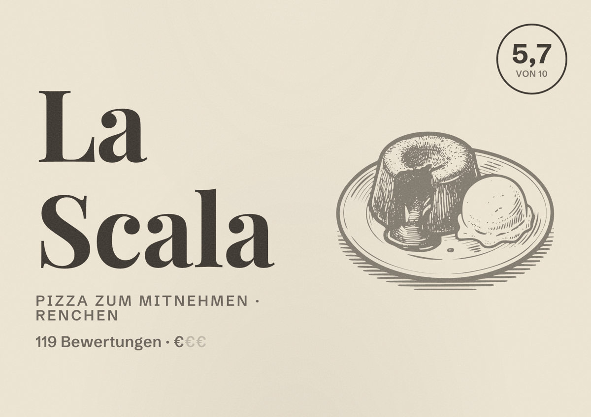 Illustriertes Poster von La Scala, Pizza zum Mitnehmen in Renchen: Bewertung 5,7 von 10 aus 119 Bewertungen, Preisniveau €