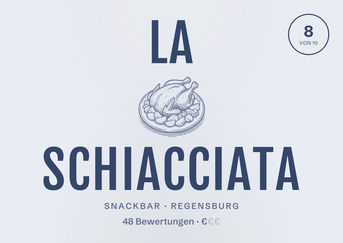 Illustriertes Poster von LA SCHIACCIATA, Snackbar in Regensburg: Bewertung 8 von 10 aus 48 Bewertungen, Preisniveau €