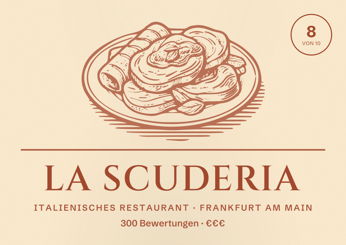 Illustriertes Poster von La Scuderia, Italienisches Restaurant in Frankfurt am Main: Bewertung 8,0 von 10 aus 300 Bewertungen, Preisniveau €€€