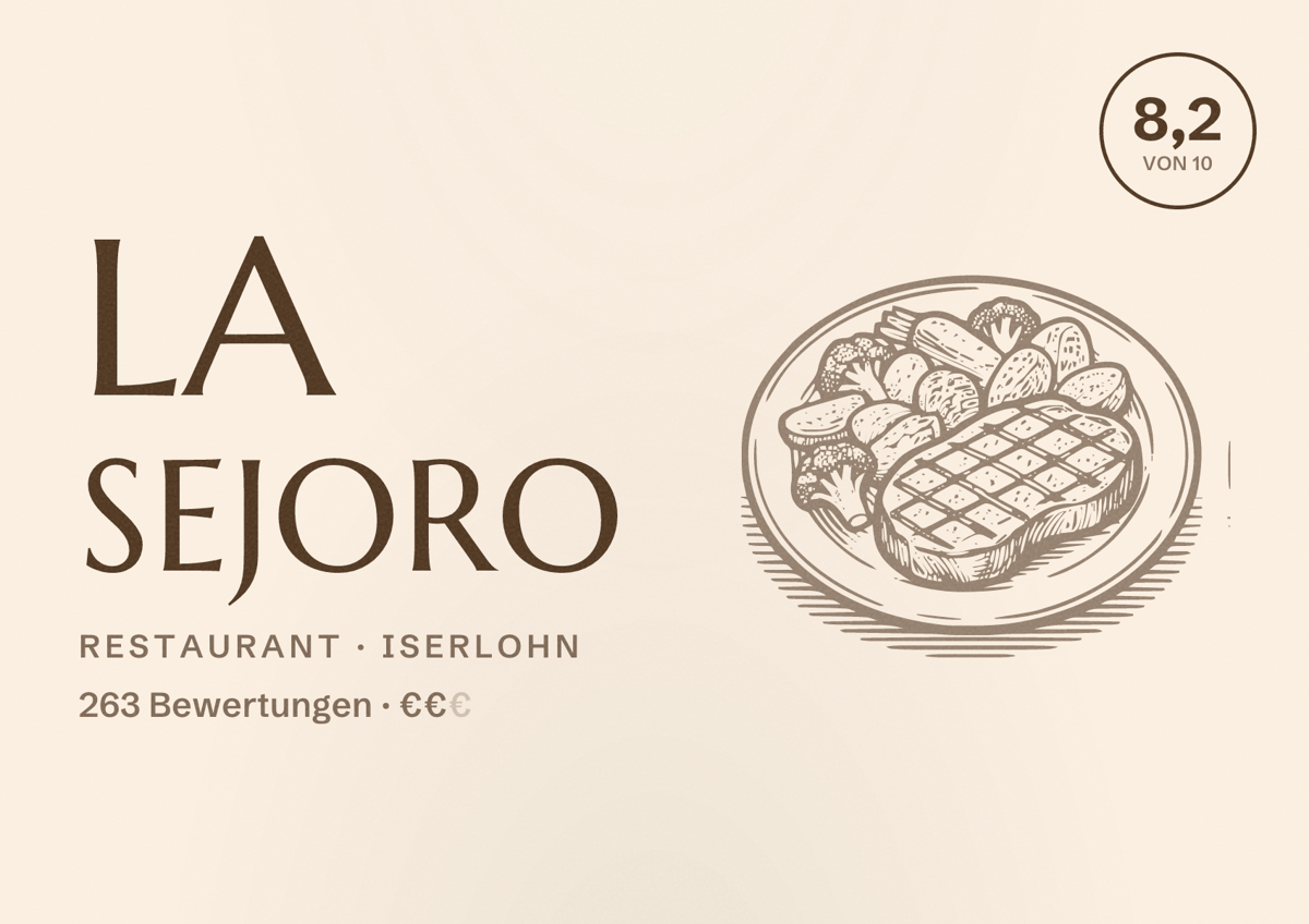 Illustriertes Poster von La Sejoro, Restaurant in Iserlohn: Bewertung 8,2 von 10 aus 263 Bewertungen, Preisniveau €€