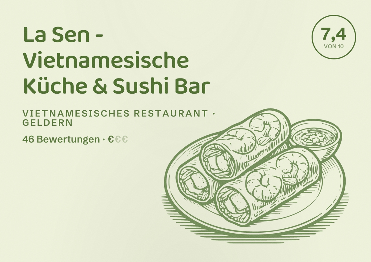 Illustriertes Poster von La Sen - Vietnamesische Küche & Sushi Bar, Vietnamesisches Restaurant in Geldern: Bewertung 7,4 von 10 aus 46 Bewertungen, Preisniveau €