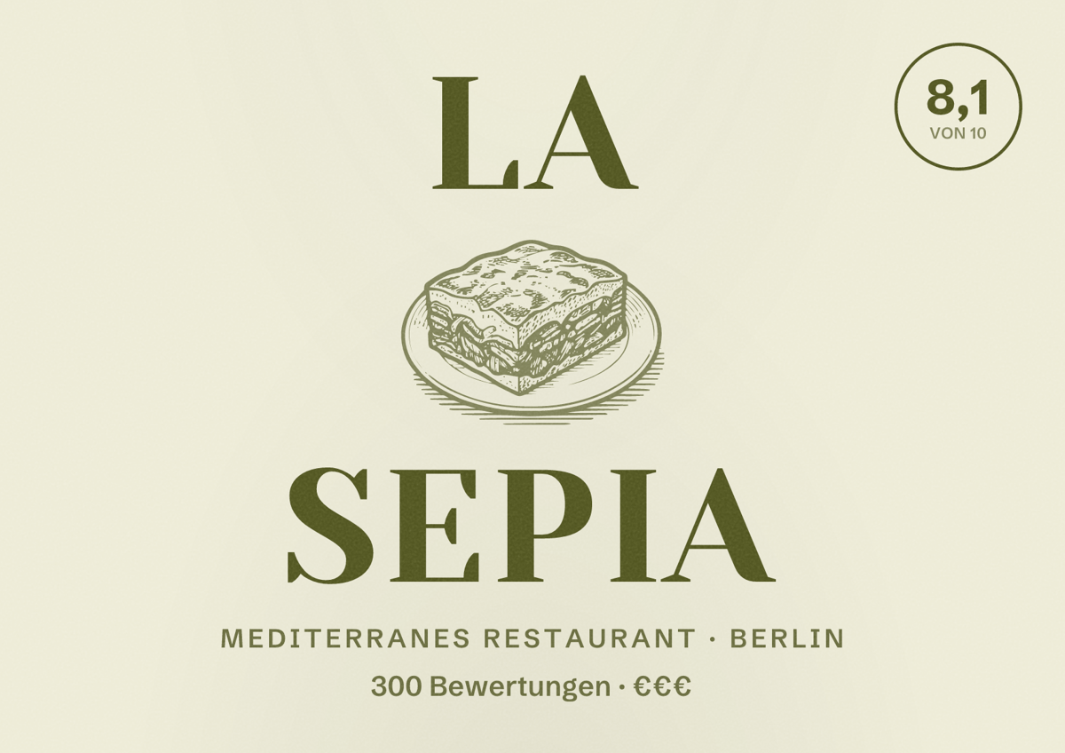 Illustriertes Poster von La Sepia, Mediterranes Restaurant in Berlin: Bewertung 8,1 von 10 aus 300 Bewertungen, Preisniveau €€€