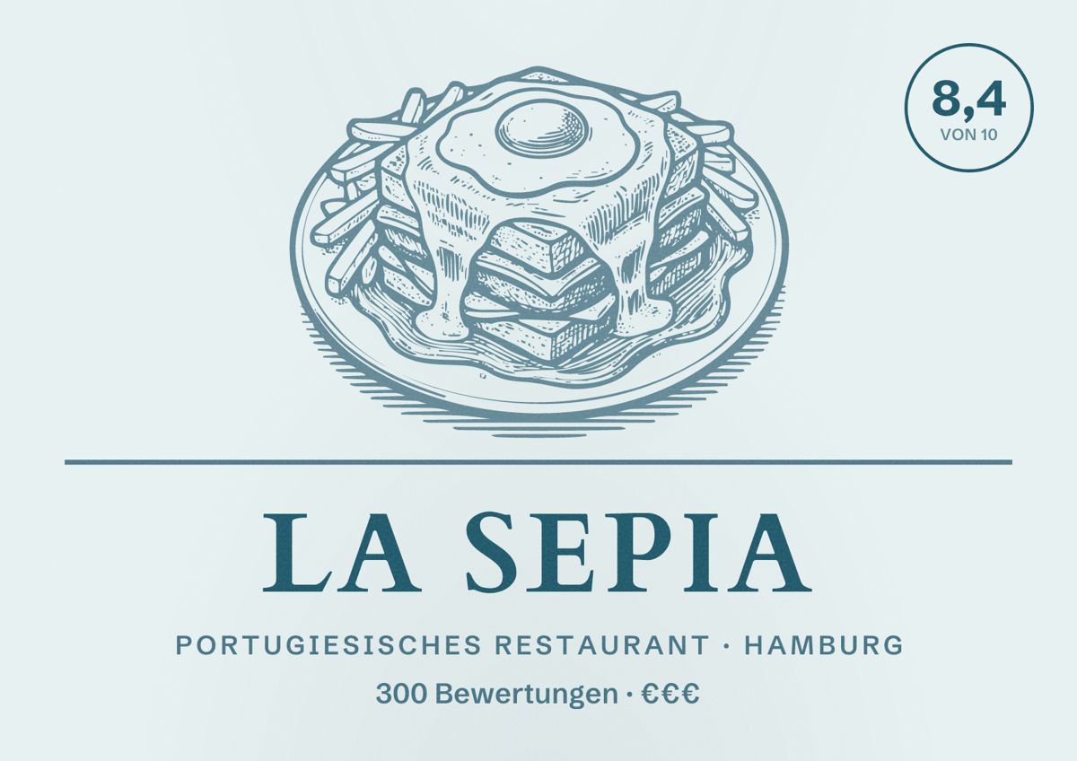 Illustriertes Poster von La Sepia, Portugiesisches Restaurant in Hamburg: Bewertung 8,4 von 10 aus 300 Bewertungen, Preisniveau €€€
