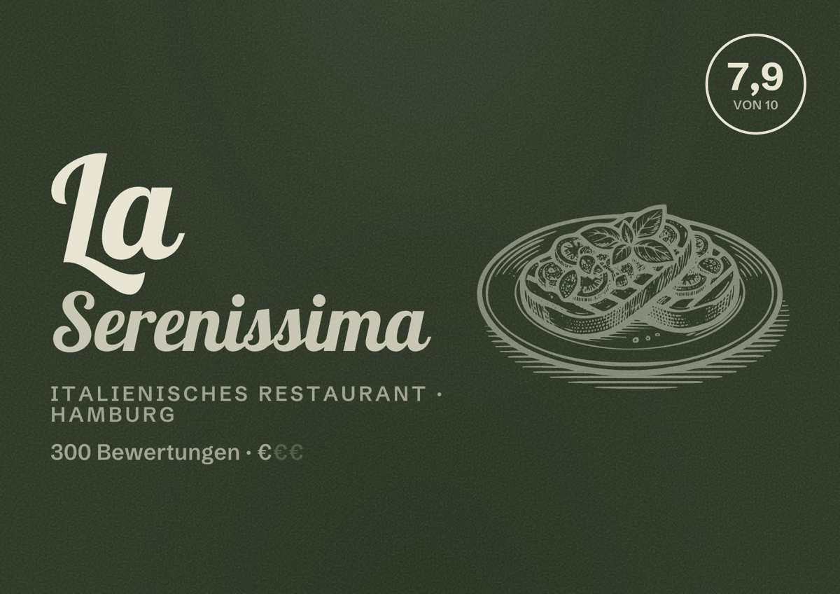 Illustriertes Poster von La Serenissima, Italienisches Restaurant in Hamburg: Bewertung 7,9 von 10 aus 300 Bewertungen, Preisniveau €