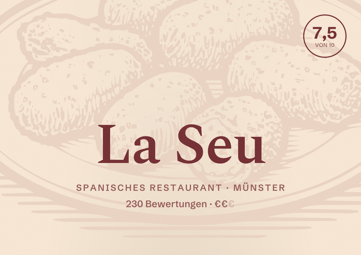 Illustriertes Poster von La Seu, Spanisches Restaurant in Münster: Bewertung 7,5 von 10 aus 230 Bewertungen, Preisniveau €€